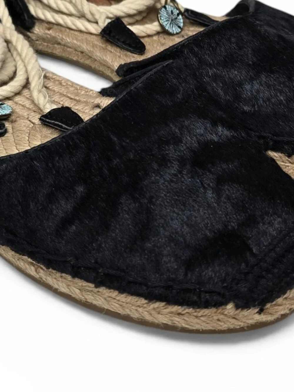 UGG‎ Libbi Calf Hair Espadrille Sandals Women Black Spanish Ankle Wrap Summer 7
